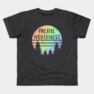 Pacific Northwest NW Rainbow Tree Silhouette Weathered Kids T-Shirt